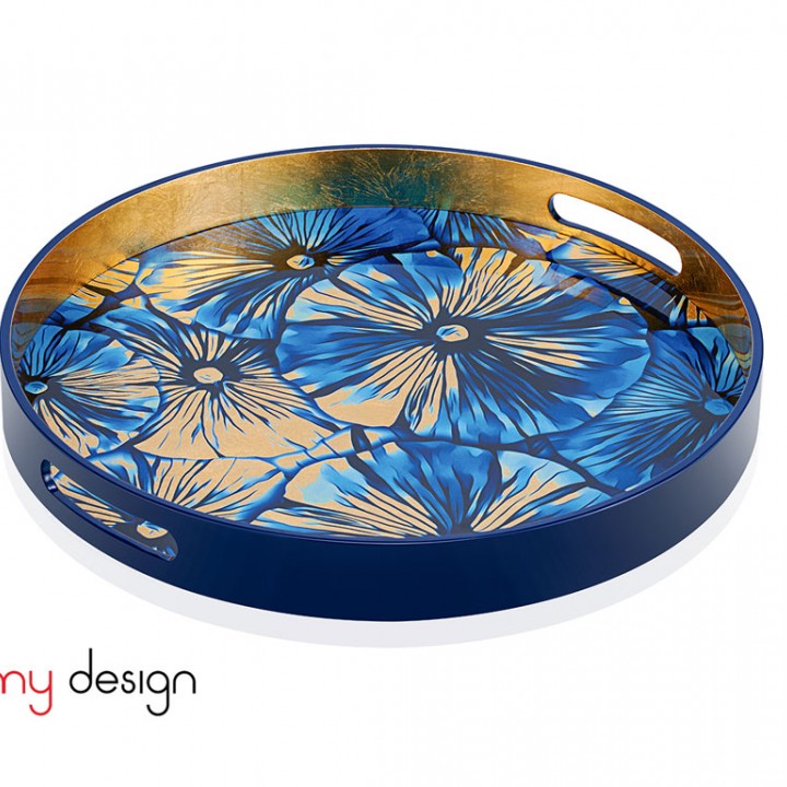 Blue round lacquer tray with water lily leaf pattern D40*4.5 cm